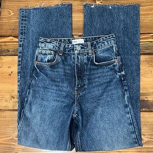 Zara Dark Blue Denim High Waist Wide Leg Jeans Pants Frayed Hem